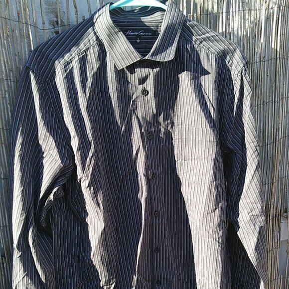 Kenneth Cole Men's Gray Black White Thin Striped Button Down - L - Picture 1 of 11